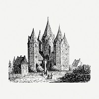 Kallundborg church drawing, vintage illustration psd. Free public domain CC0 image.
