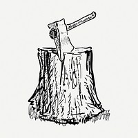 Axe in log drawing, vintage illustration psd. Free public domain CC0 image.