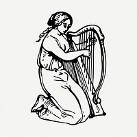 Woman playing harp drawing, vintage illustration psd. Free public domain CC0 image.