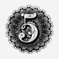 Decorative number 5 drawing, vintage illustration psd. Free public domain CC0 image.