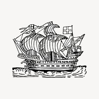 Tall ship clipart, drawing illustration vector. Free public domain CC0 image.