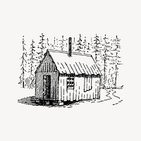 Cabin in forest clipart, drawing illustration vector. Free public domain CC0 image.