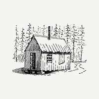 Cabin in forest collage element, vintage illustration psd. Free public domain CC0 image.