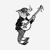 Fox playing banjo  clipart, vintage hand drawn vector. Free public domain CC0 image.