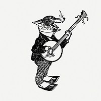 Fox playing banjo drawing, vintage illustration psd. Free public domain CC0 image.