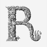 Ornamental R letter  clipart, vintage hand drawn vector. Free public domain CC0 image.