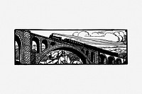Train on viaduct  drawing, vintage illustration. Free public domain CC0 image.