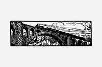 Train on viaduct  drawing, vintage illustration psd. Free public domain CC0 image.