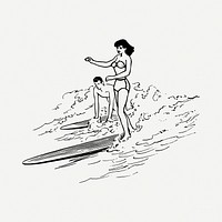 Surfers drawing, vintage illustration psd. Free public domain CC0 image.