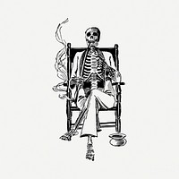 Smoking skeleton drawing, vintage illustration psd. Free public domain CC0 image.