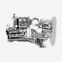 Kitchen drawing, vintage illustration. Free public domain CC0 image.