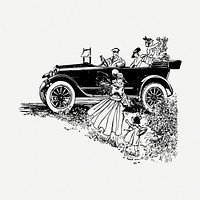 Retro car, family trip drawing, vintage illustration psd. Free public domain CC0 image.