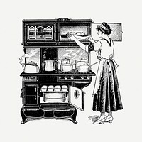 Woman cooking clipart, vintage illustration psd. Free public domain CC0 image.