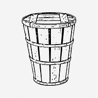 Wooden bucket, black & white illustration. Free public domain CC0 image.