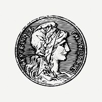 Old coin collage element, black & white illustration psd. Free public domain CC0 image.