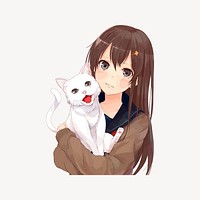 Anime girl with cat collage element vector. Free public domain CC0 image.