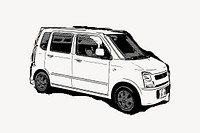 Minivan drawing, black and white illustration vector. Free public domain CC0 image.