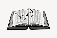 Eyeglasses on book  drawing, black and white illustration vector. Free public domain CC0 image.