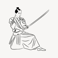 Japanese Samurai drawing, black and white illustration vector. Free public domain CC0 image.