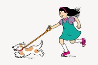 Girl walking a dog illustration. Free public domain CC0 image.
