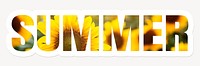 Summer word typography, white border text, yellow sunflowers