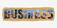 Business word, ripped paper graphic, downtown city lights