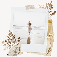 Woman walking on beach instant film frame, aesthetic leaf design