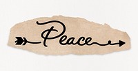 Peace word, black calligraphy on torn kraft paper