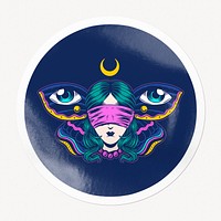 Blindfolded woman badge, butterfly conceptual illustration