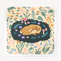 Sleeping deer square badge, animal cartoon illustration