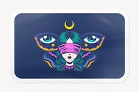 Blindfolded woman rectangle badge, butterfly conceptual illustration
