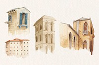 Vector vintage European architecture watercolor set