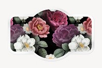 Flower vintage illustration, beautiful botanical sticker, badge shape clipart with white border