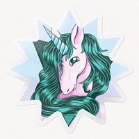 Cute unicorn, business tech start up sticker, starburst clipart with white border
