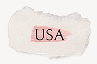USA word, ripped paper, pink marker stroke typography