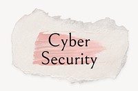 Cyber security word, ripped paper, pink marker stroke typography