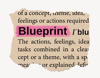 Blueprint dictionary word, vintage ripped paper design
