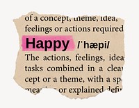 Happy dictionary word, vintage ripped paper design