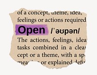 Open ripped dictionary, editable word collage element psd