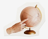 Hand touching globe, cut out paper design, off white graphic
