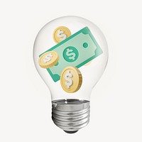 Cash money 3D lightbulb, business clipart