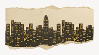 Cityscape silhouette sticker, ripped paper collage element psd