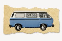 Retro minivan, ripped paper collage element psd