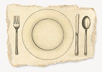 Plate and cutlery, ripped paper collage element psd