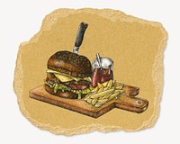 Hamburger illustration, ripped paper collage element