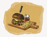 Hamburger illustration, ripped paper collage element psd