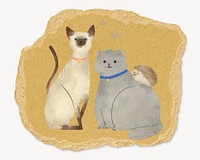 Cute cats illustration, ripped paper collage element