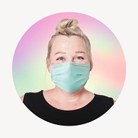 Woman wearing surgical mask, round badge clipart