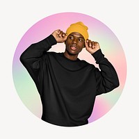 Fashionable black man wearing yellow beanie, round badge clipart