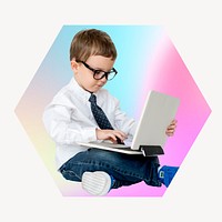 Boy using a laptop, hexagon badge clipart